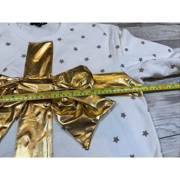 Vinyl ladies gold bow Christmas sweater sweatshirt with Santa hat size M - Picture 4 of 9